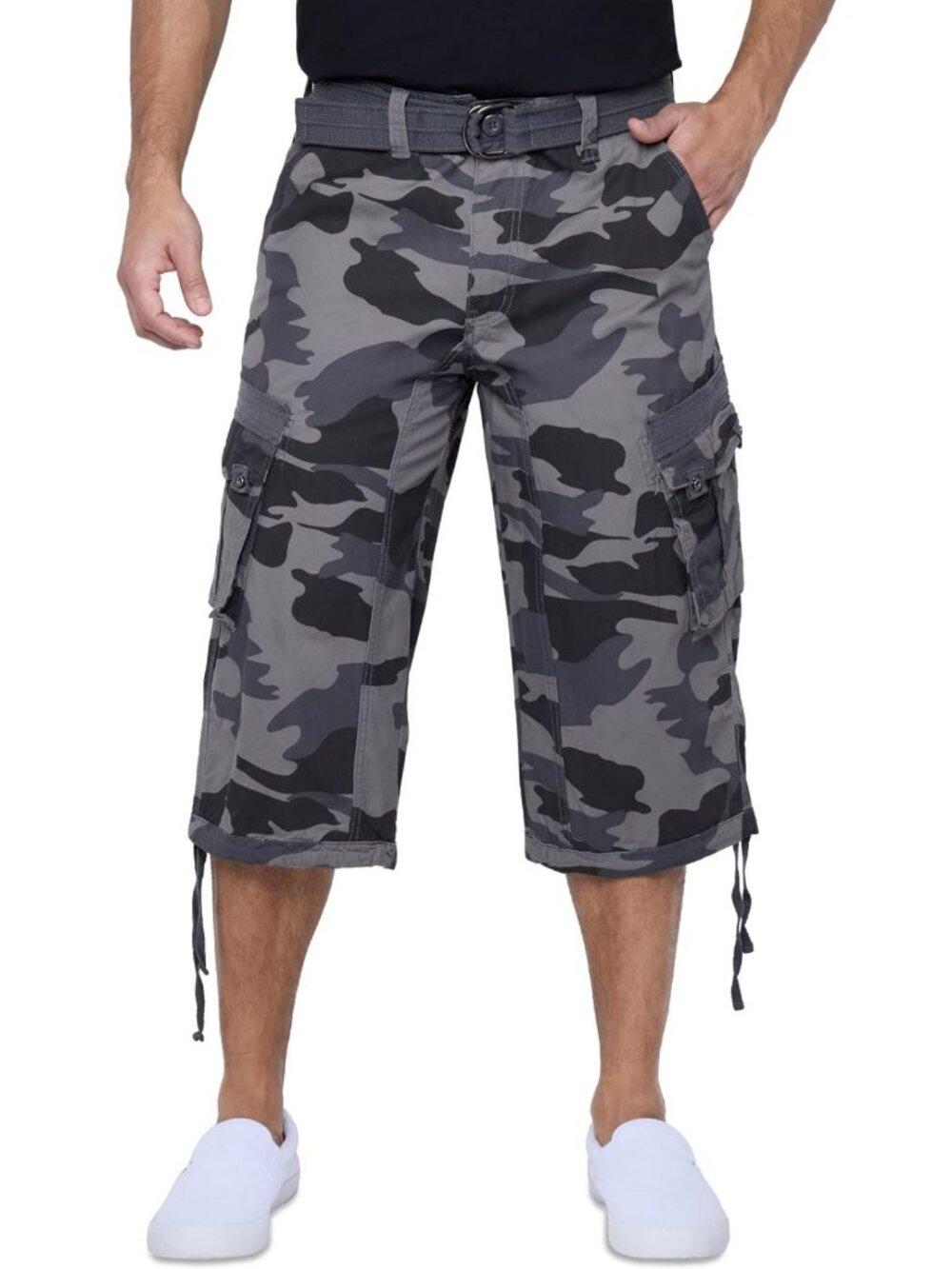 Men's Belted Long Cargo Shorts - Below Knee Length, Big & Tall 3/4 Pants